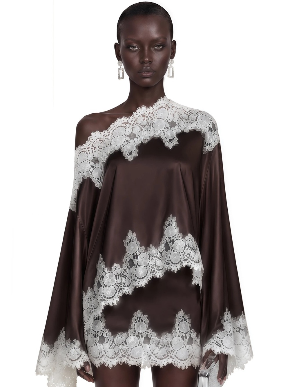 Sophia Brown One Shoulder Top & Skirt Set with lace trim